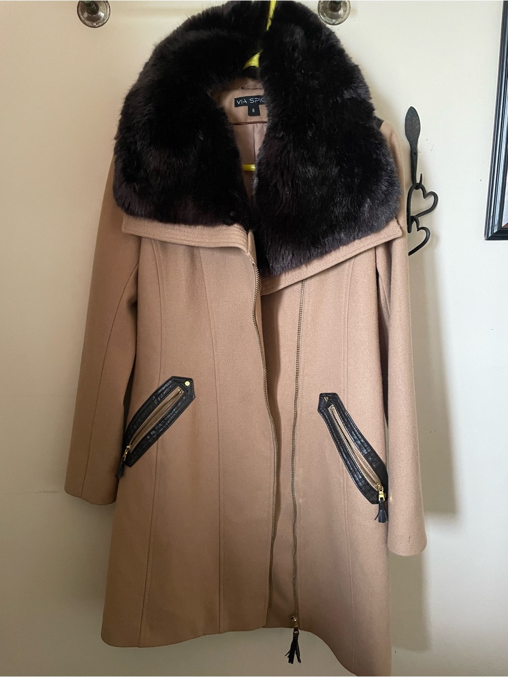 Via Spiga Camel Trench Coat with Dark Faux Fur Collar